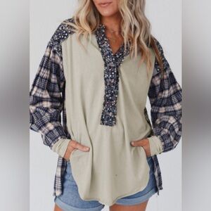 Patchwork Khaki with Blue Floral & Plaid Mixed Print Bishop Sleeve Top